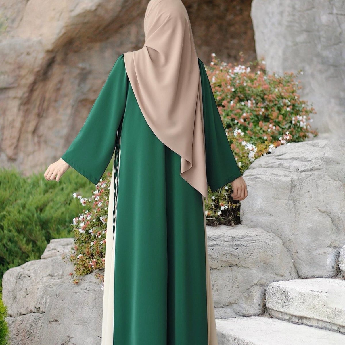 Colorblock Side - Tie Abaya | Two - Tone Round Neck Maxi Dress(MA362) - Mariam's Collection