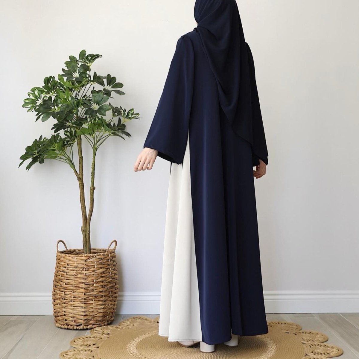 Colorblock Side - Tie Abaya | Two - Tone Round Neck Maxi Dress(MA362) - Mariam's Collection