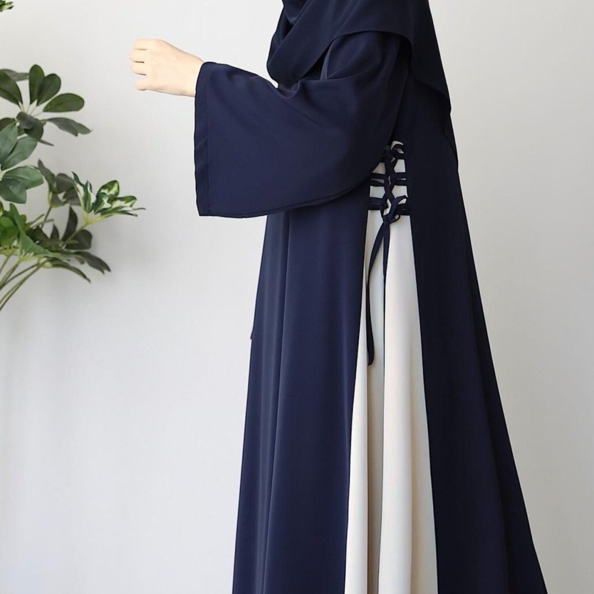 Colorblock Side - Tie Abaya | Two - Tone Round Neck Maxi Dress(MA362) - Mariam's Collection