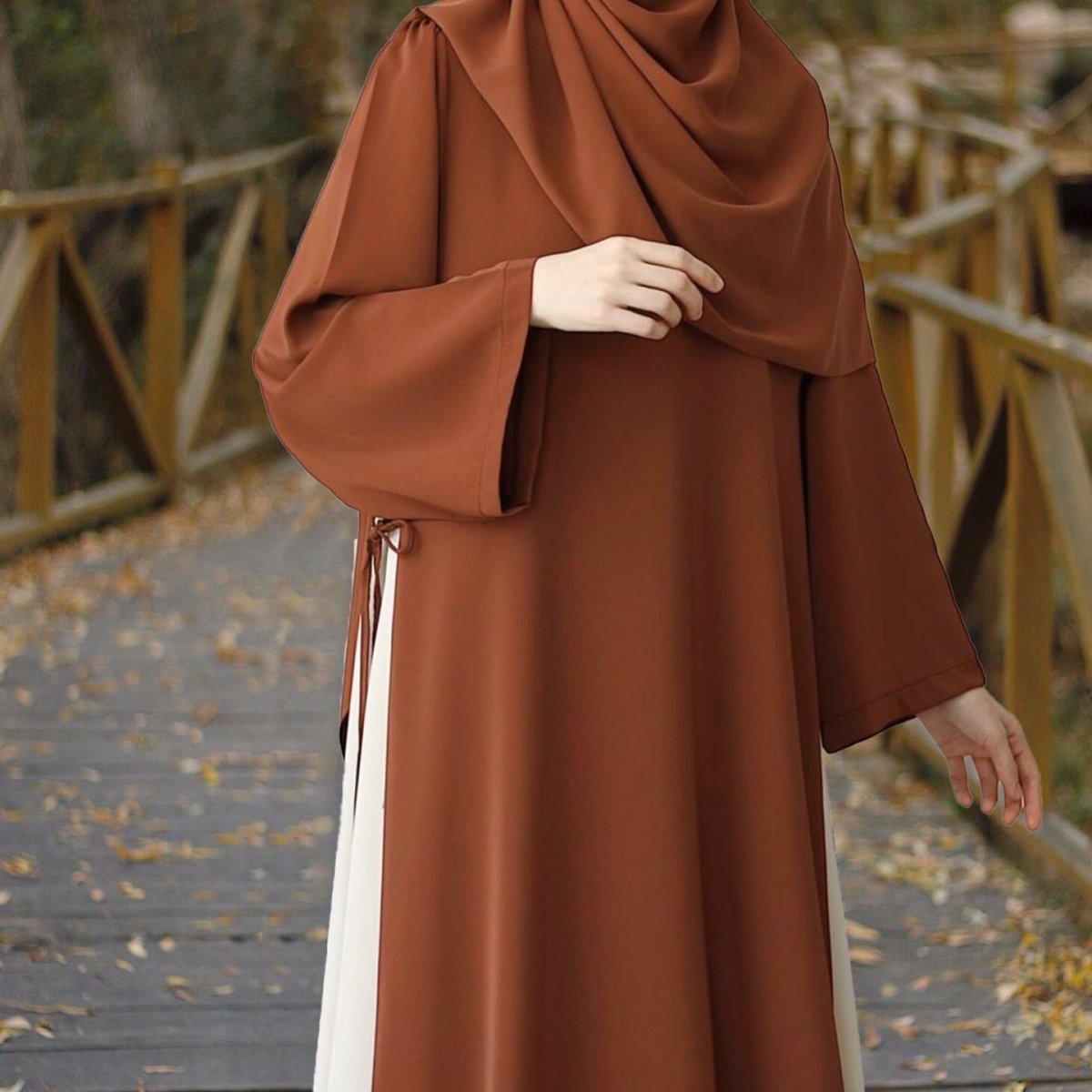 Colorblock Side - Tie Abaya | Two - Tone Round Neck Maxi Dress(MA362) - Mariam's Collection