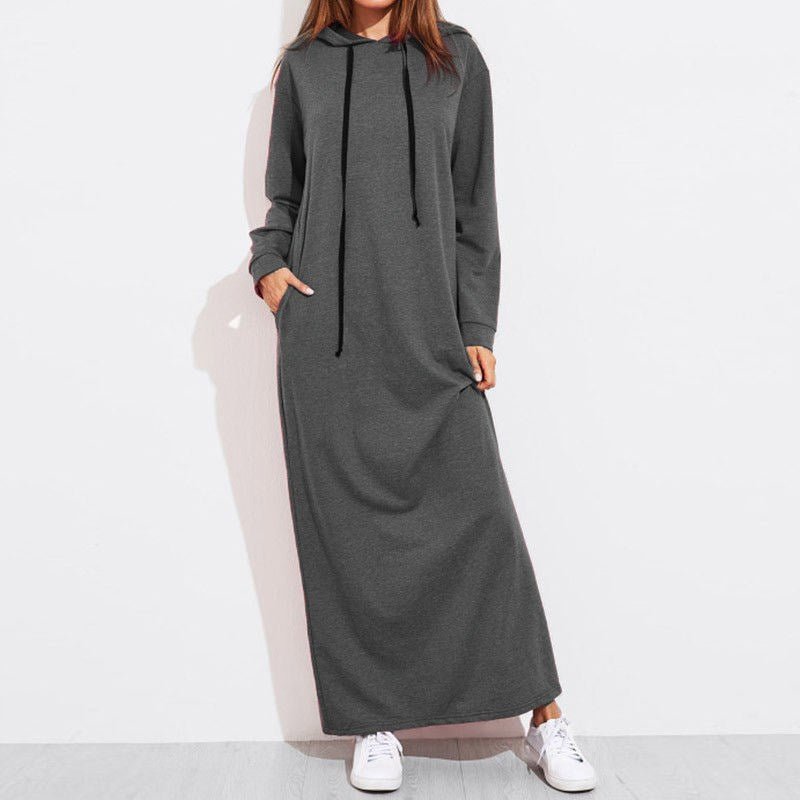 Comfortable Hooded Maxi Dress with Drawstring | Long Sleeve Polyvinyl Alcohol Fiber Dress with Pockets(MS119) - Mariam's Collection