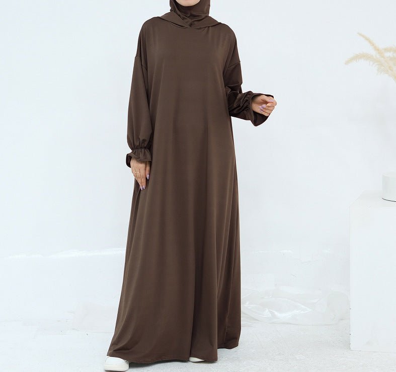 Comfortable Milk Silk Hooded Maxi Dress with Pockets | Elastic Cuff Long Sleeve Dress(MA321) - Mariam's Collection