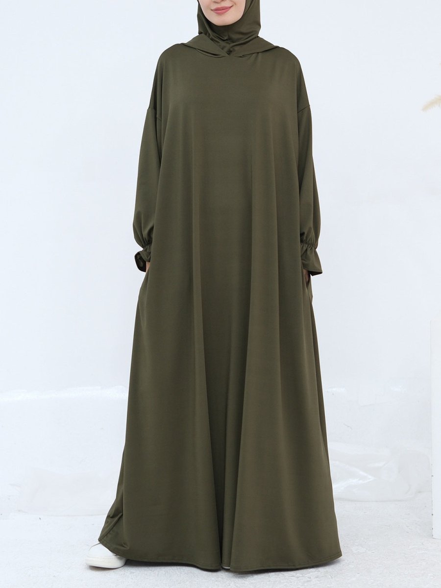 Comfortable Milk Silk Hooded Maxi Dress with Pockets | Elastic Cuff Long Sleeve Dress(MA321) - Mariam's Collection