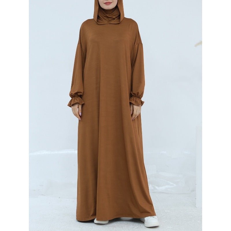 Comfortable Milk Silk Hooded Maxi Dress with Pockets | Elastic Cuff Long Sleeve Dress(MA321) - Mariam's Collection