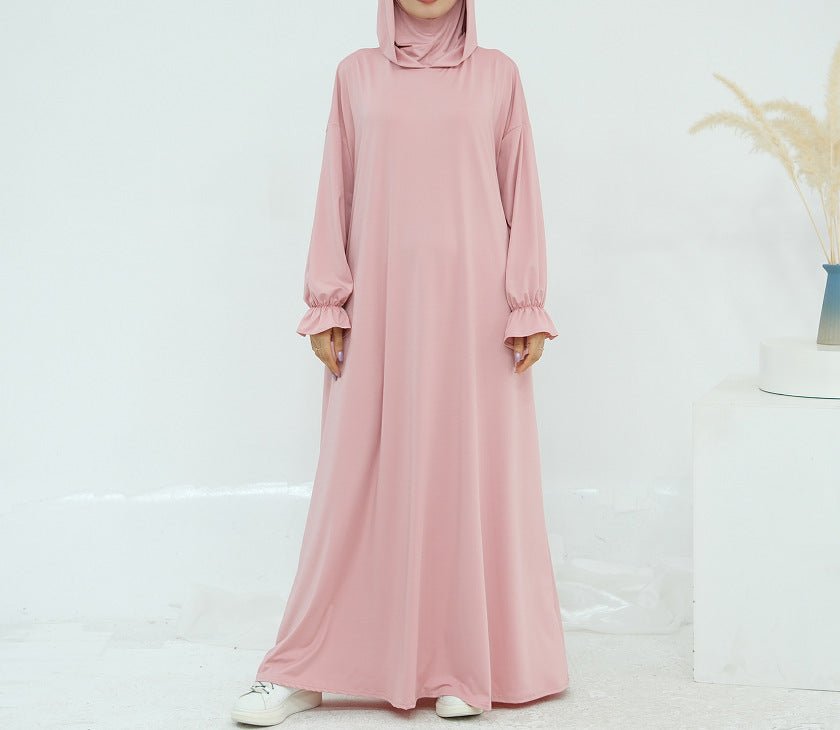 Comfortable Milk Silk Hooded Maxi Dress with Pockets | Elastic Cuff Long Sleeve Dress(MA321) - Mariam's Collection