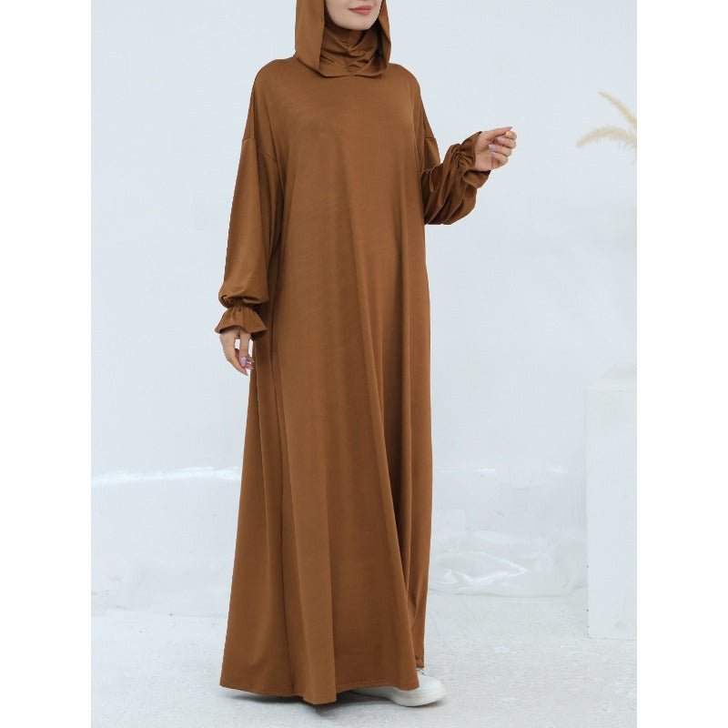Comfortable Milk Silk Hooded Maxi Dress with Pockets | Elastic Cuff Long Sleeve Dress(MA321) - Mariam's Collection