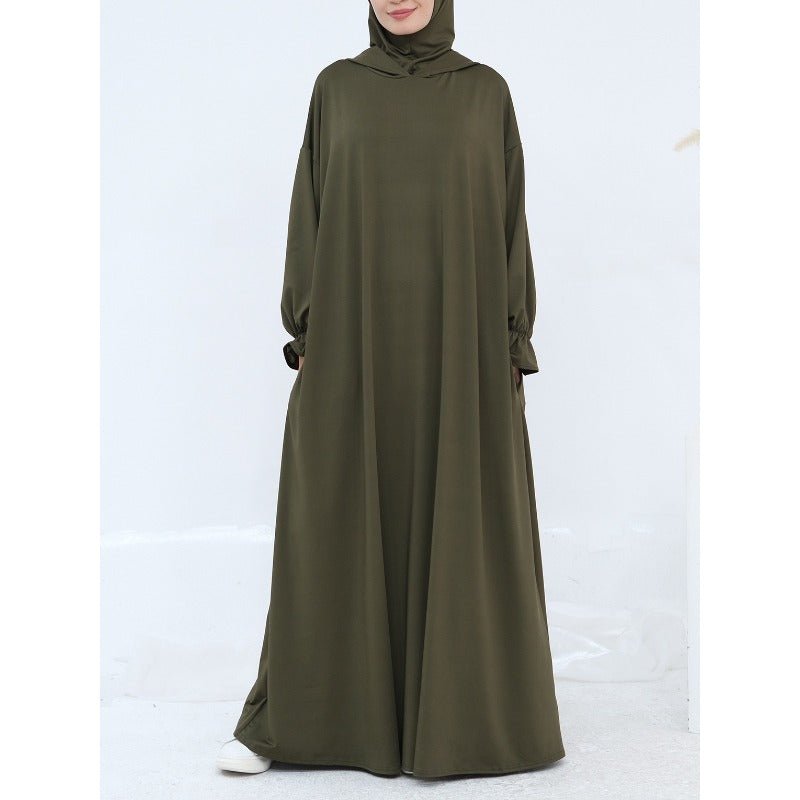 Comfortable Milk Silk Hooded Maxi Dress with Pockets | Elastic Cuff Long Sleeve Dress(MA321) - Mariam's Collection