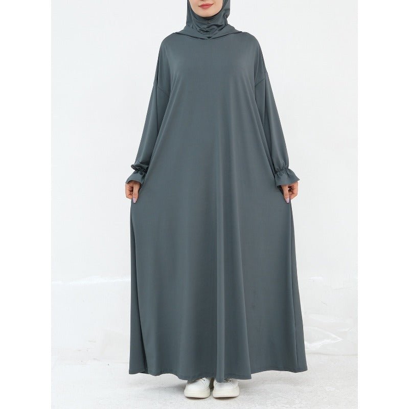 Comfortable Milk Silk Hooded Maxi Dress with Pockets | Elastic Cuff Long Sleeve Dress(MA321) - Mariam's Collection