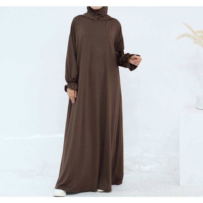 Comfortable Milk Silk Hooded Maxi Dress with Pockets | Elastic Cuff Long Sleeve Dress(MA321) - Mariam's Collection