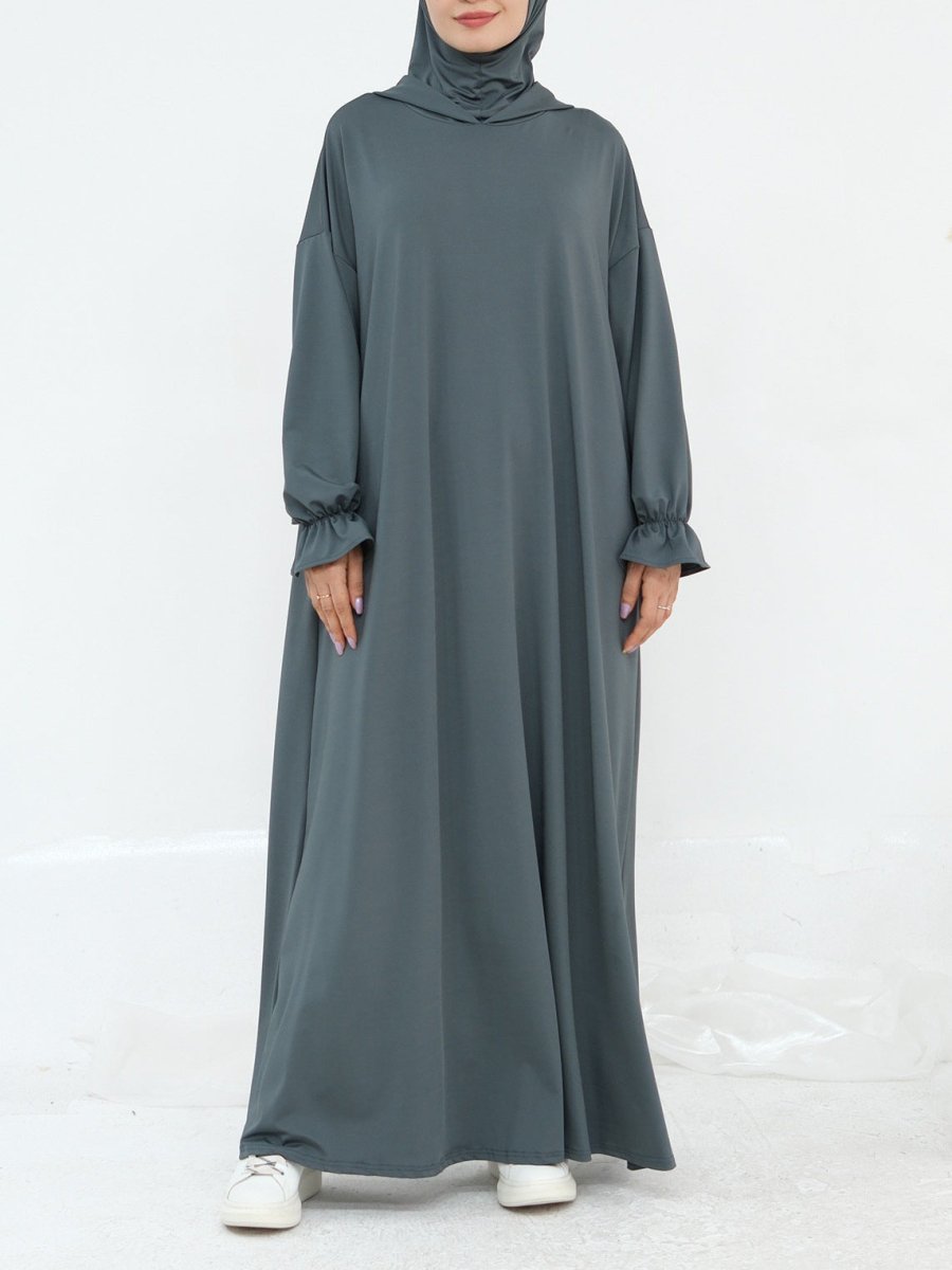Comfortable Milk Silk Hooded Maxi Dress with Pockets | Elastic Cuff Long Sleeve Dress(MA321) - Mariam's Collection