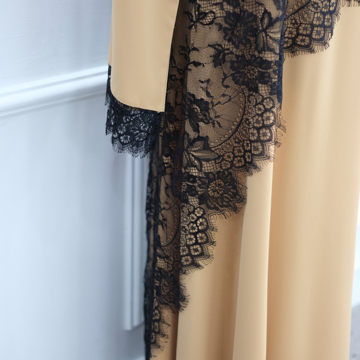 Detail shot of concealed back zip on lace panel maxi dress