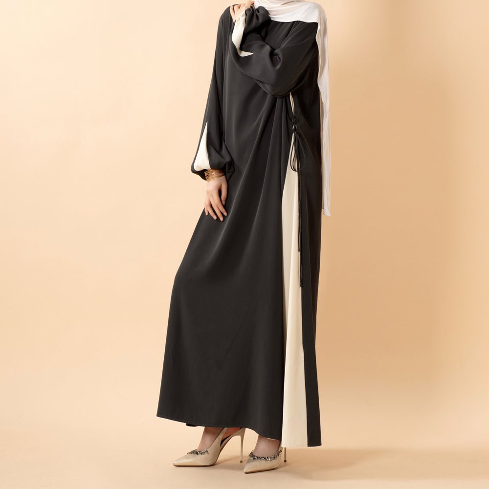 Contrast Panel Abaya with Drawstring Detail & Balloon Sleeves(MA421) - Mariam's Collection