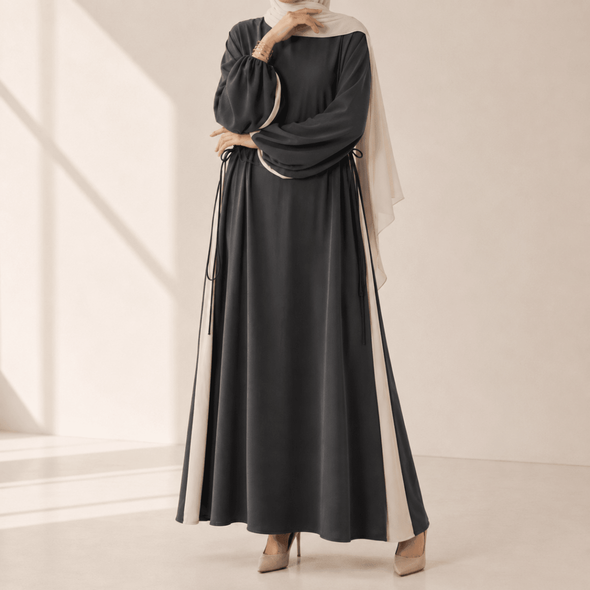 Contrast Panel Balloon Sleeve Abaya – Drawstring Abaya