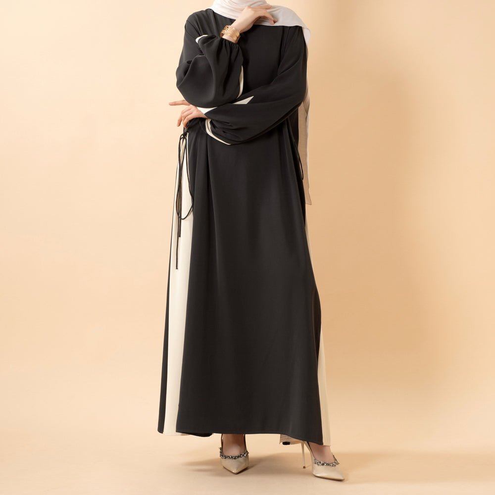 Contrast Panel Abaya with Drawstring Detail & Balloon Sleeves(MA421) - Mariam's Collection