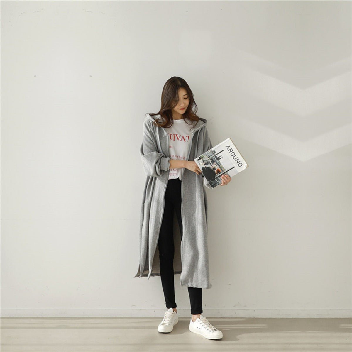 Cotton Fleece Zip Up Hooded Longline Cardigan Coat with Side Slits | Casual Streetwear Jacket(MS109) - Mariam's Collection