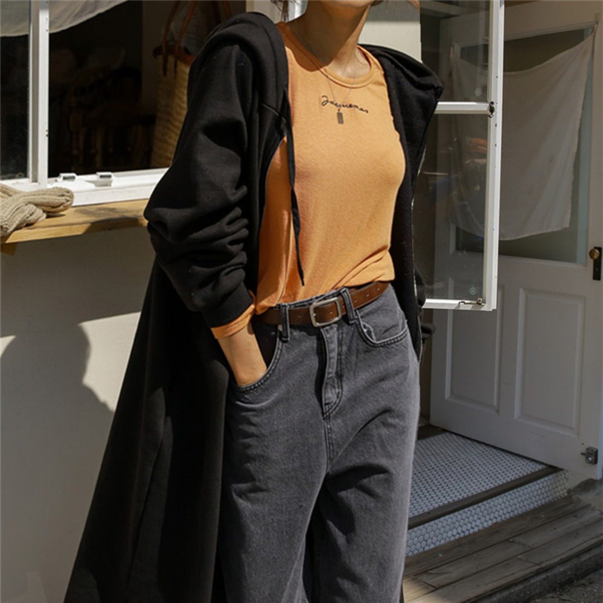 Cotton Fleece Zip Up Hooded Longline Cardigan Coat with Side Slits | Casual Streetwear Jacket(MS109) - Mariam's Collection