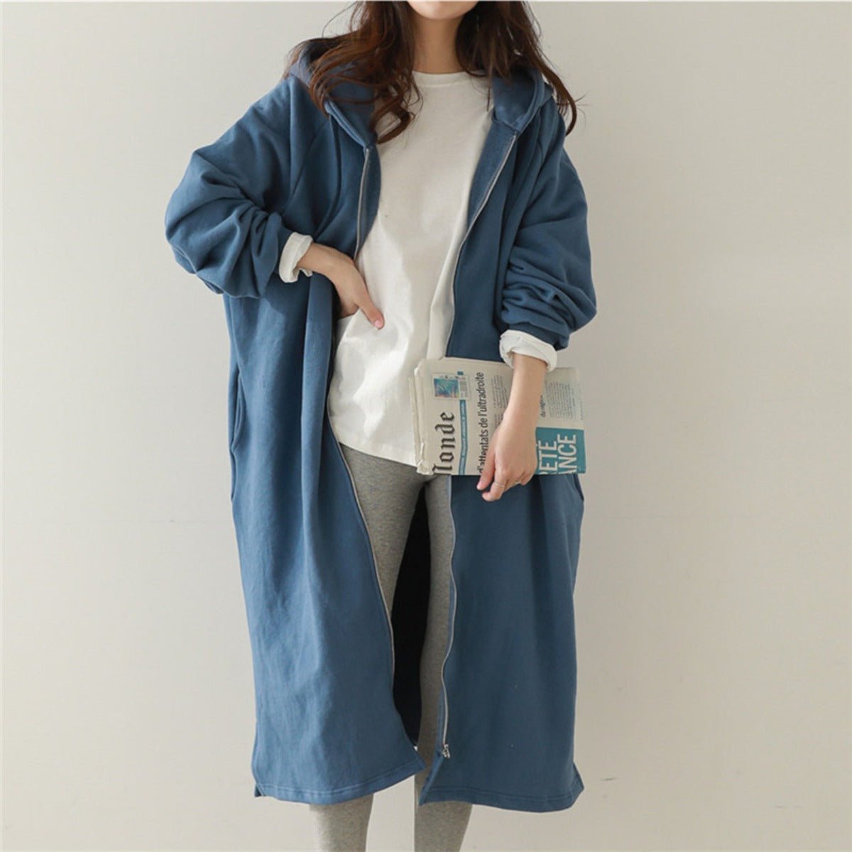 Cotton Fleece Zip Up Hooded Longline Cardigan Coat with Side Slits | Casual Streetwear Jacket(MS109) - Mariam's Collection