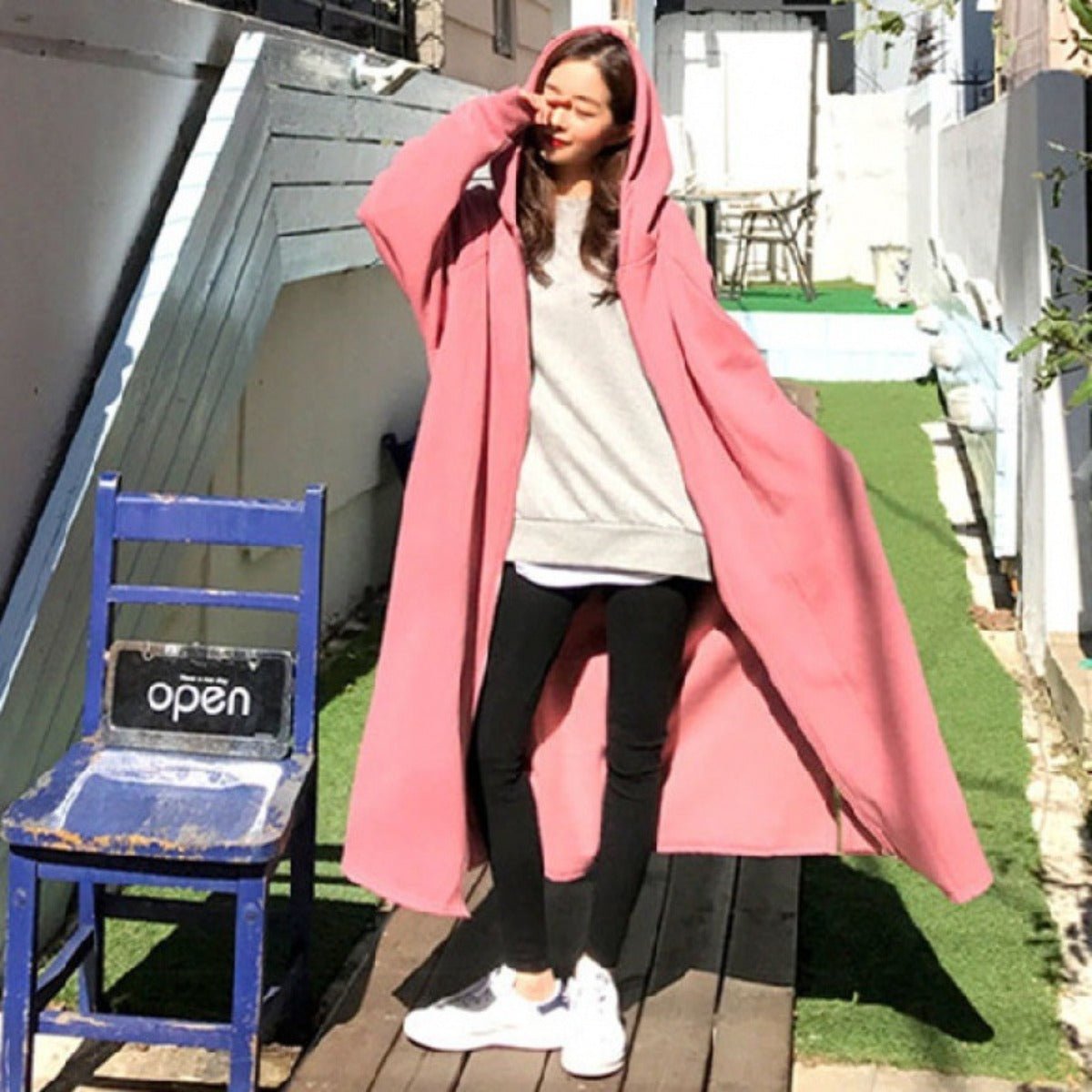 Cotton Fleece Zip Up Hooded Longline Cardigan Coat with Side Slits | Casual Streetwear Jacket(MS109) - Mariam's Collection