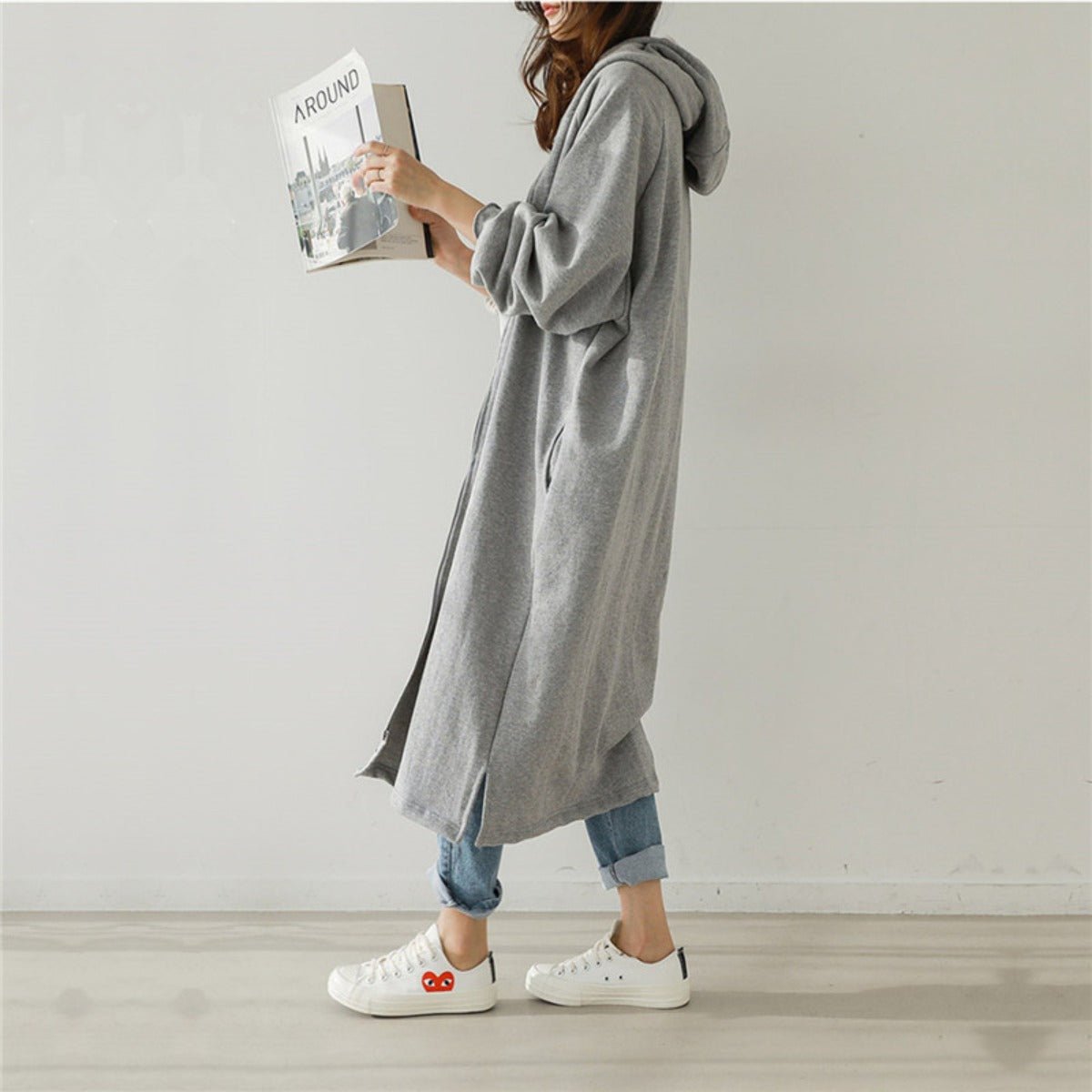 Cotton Fleece Zip Up Hooded Longline Cardigan Coat with Side Slits | Casual Streetwear Jacket(MS109) - Mariam's Collection