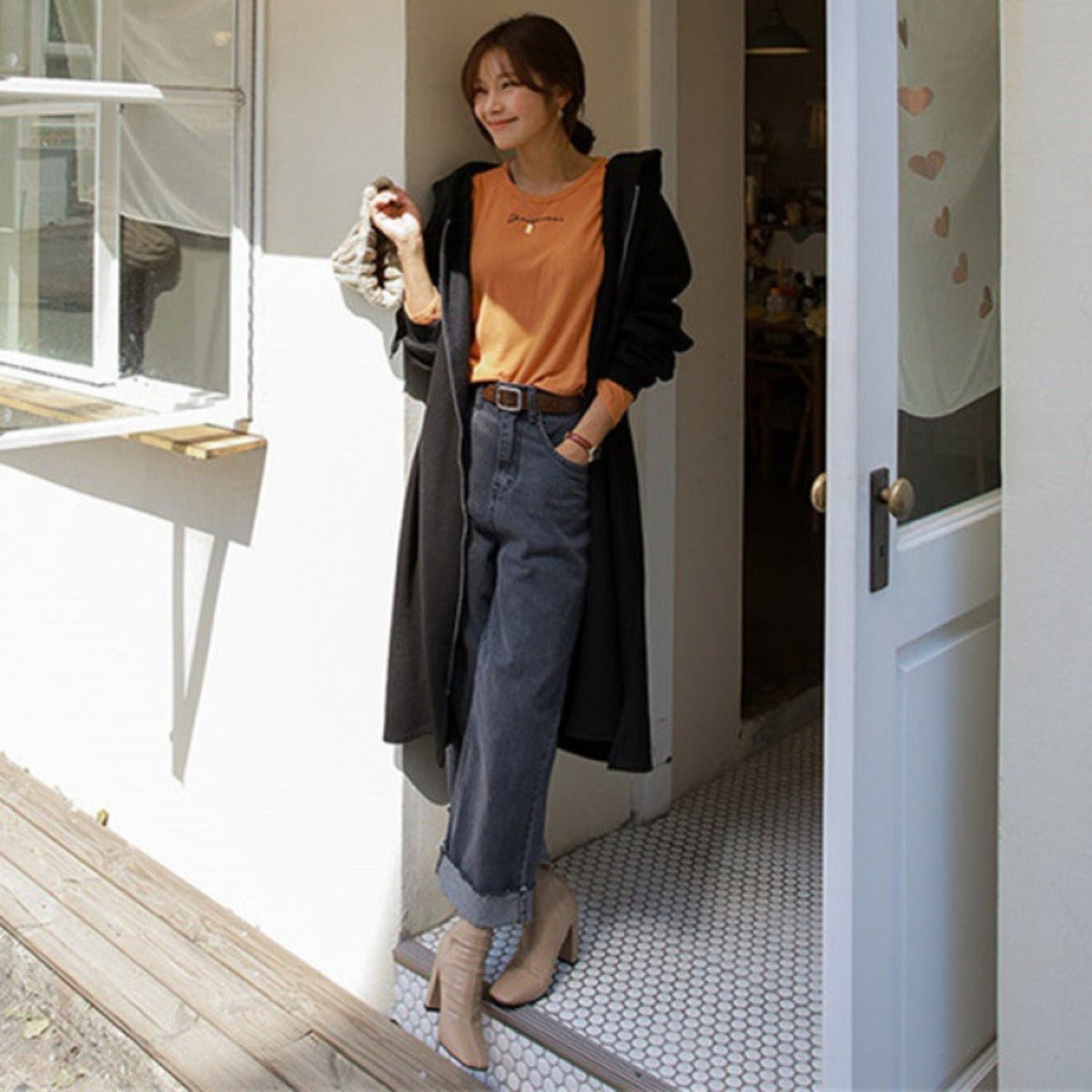 Cotton Fleece Zip Up Hooded Longline Cardigan Coat with Side Slits | Casual Streetwear Jacket(MS109) - Mariam's Collection