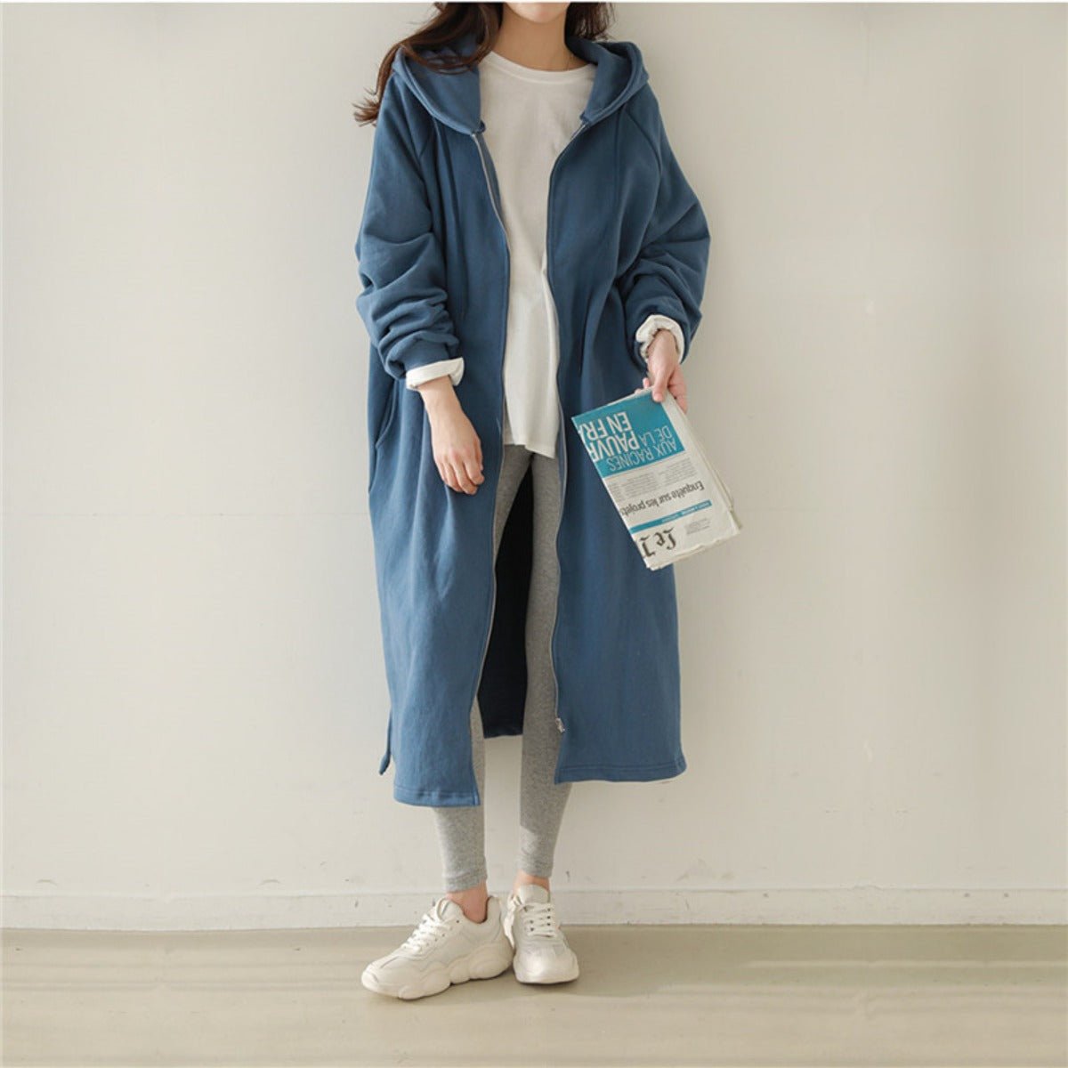 Cotton Fleece Zip Up Hooded Longline Cardigan Coat with Side Slits | Casual Streetwear Jacket(MS109) - Mariam's Collection