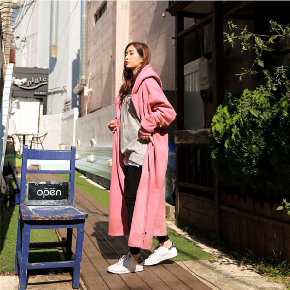 Cotton Fleece Zip Up Hooded Longline Cardigan Coat with Side Slits | Casual Streetwear Jacket(MS109) - Mariam's Collection