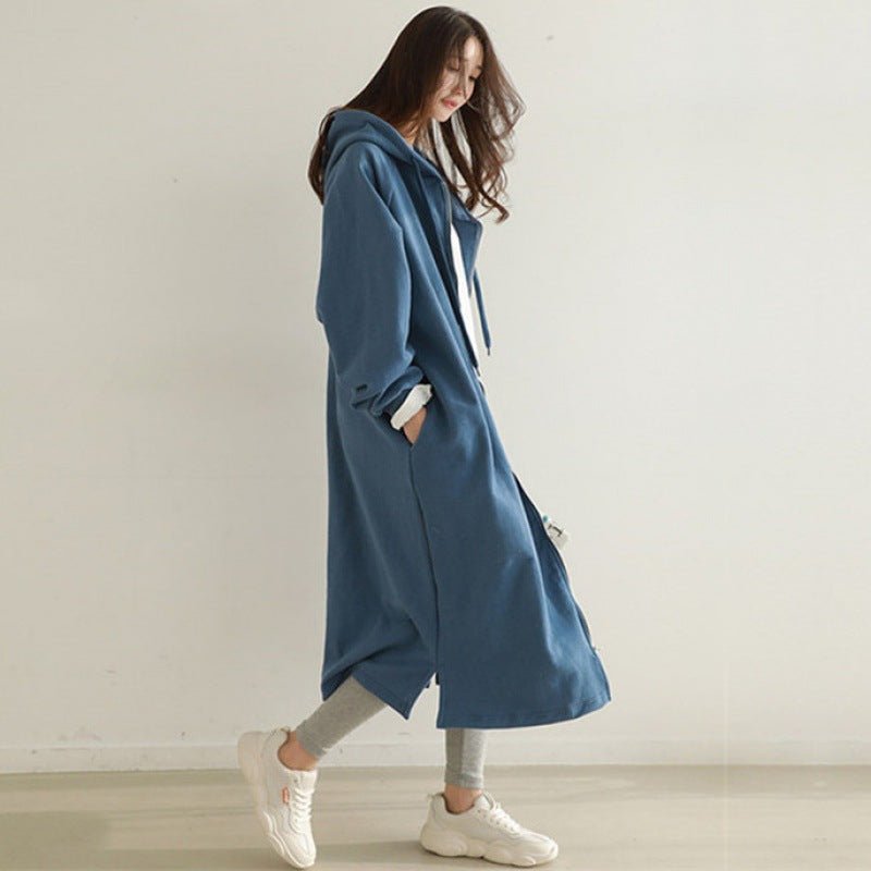 Cotton Fleece Zip Up Hooded Longline Cardigan Coat with Side Slits | Casual Streetwear Jacket(MS109) - Mariam's Collection
