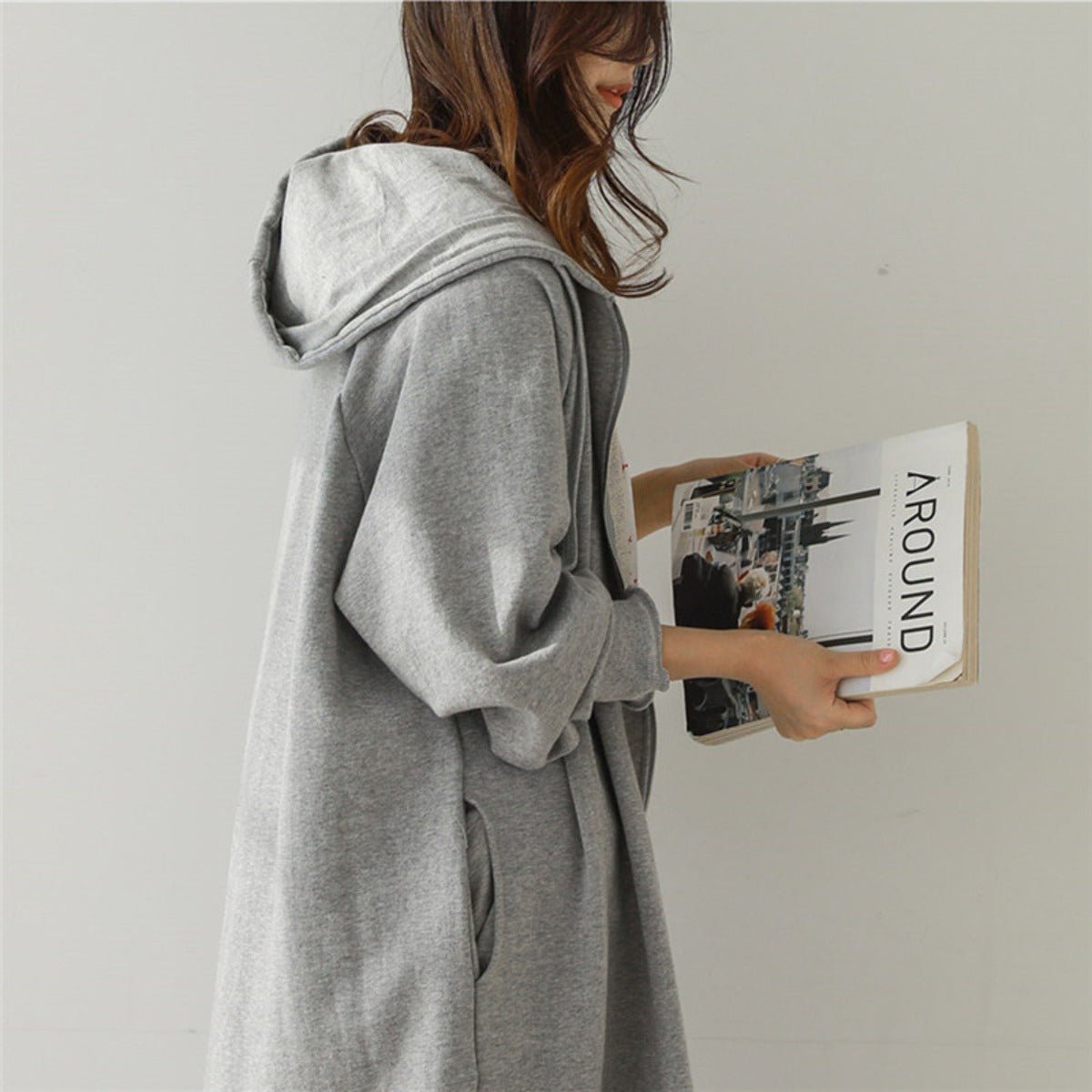 Cotton Fleece Zip Up Hooded Longline Cardigan Coat with Side Slits | Casual Streetwear Jacket(MS109) - Mariam's Collection