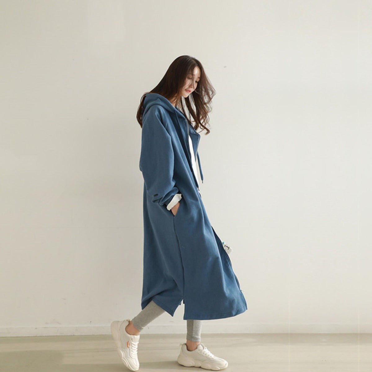 Cotton Fleece Zip Up Hooded Longline Cardigan Coat with Side Slits | Casual Streetwear Jacket(MS109) - Mariam's Collection