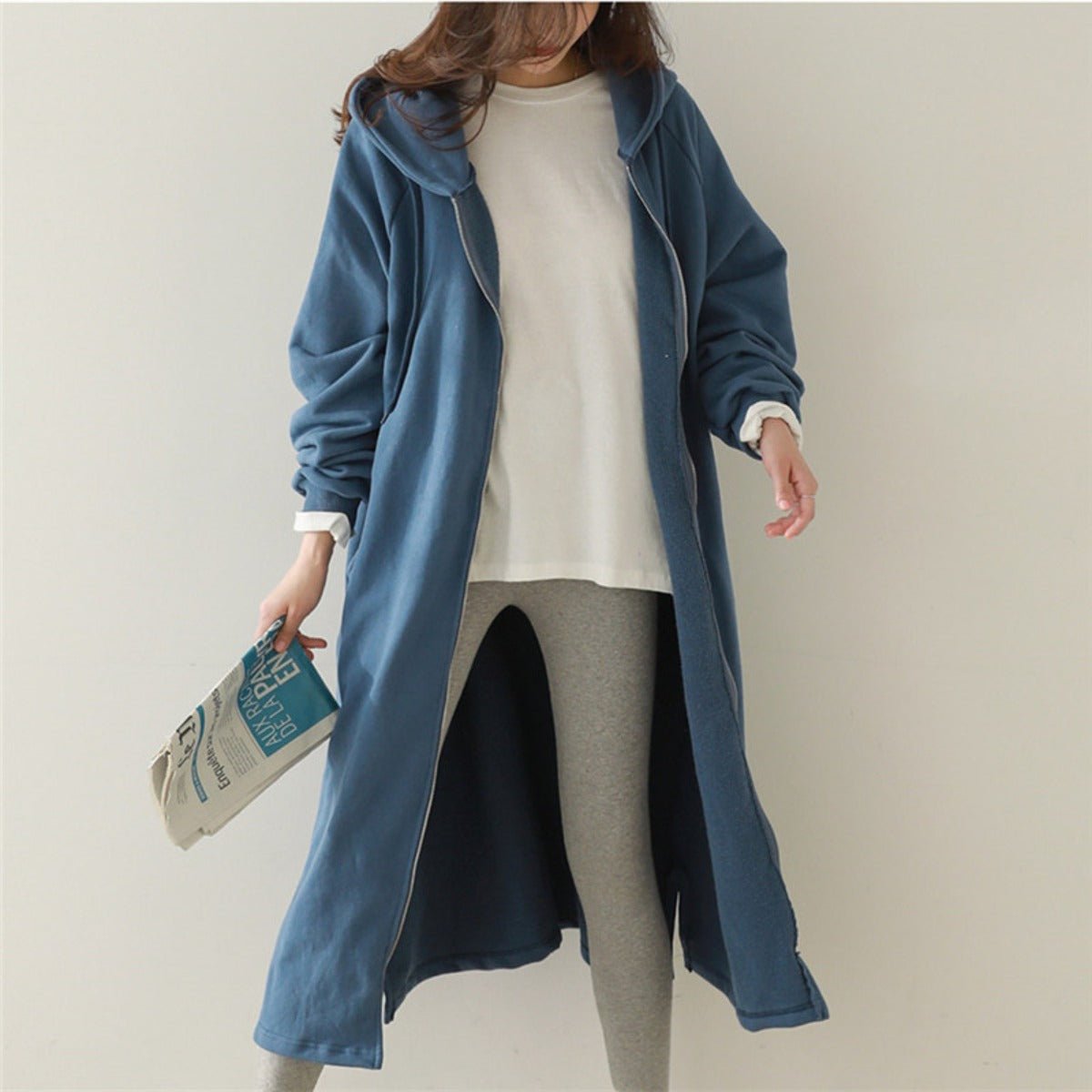 Cotton Fleece Zip Up Hooded Longline Cardigan Coat with Side Slits | Casual Streetwear Jacket(MS109) - Mariam's Collection
