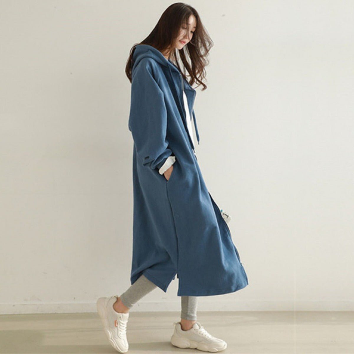Cotton Fleece Zip Up Hooded Longline Cardigan Coat with Side Slits | Casual Streetwear Jacket(MS109) - Mariam's Collection