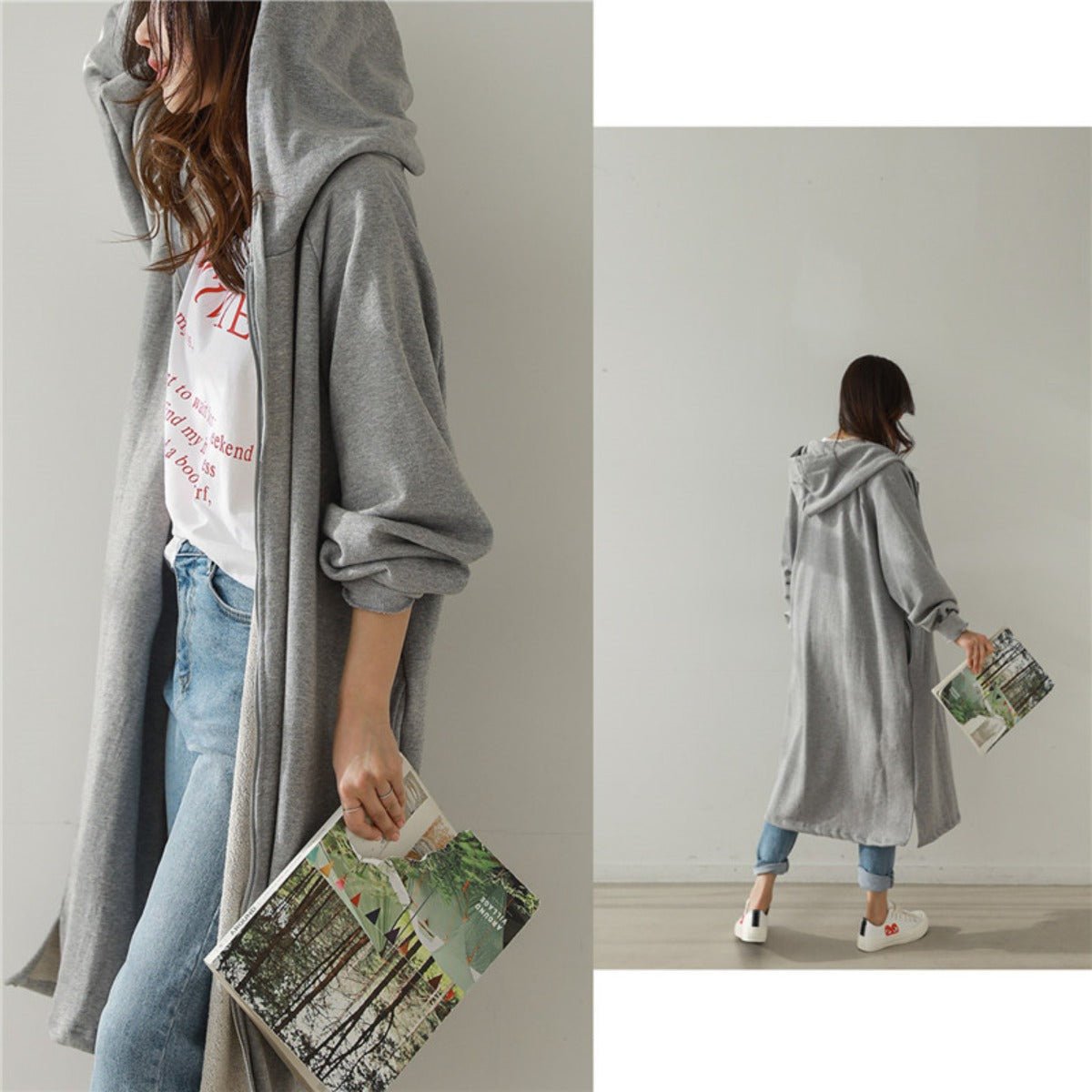 Cotton Fleece Zip Up Hooded Longline Cardigan Coat with Side Slits | Casual Streetwear Jacket(MS109) - Mariam's Collection
