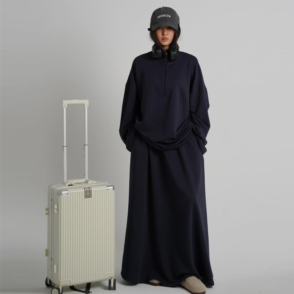 Cotton Half-Zip Top & Maxi Skirt Set(MS441) - Mariam's Collection