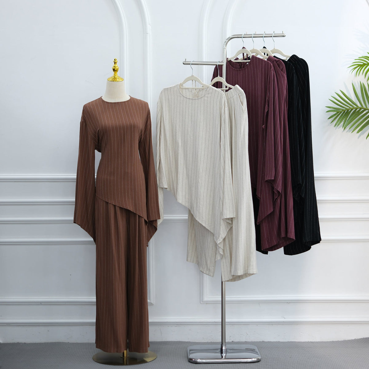 Cotton-Linen-Effect Pinstripe Tunic & Wide-Leg Pants Set(MS594) - Mariam's Collection