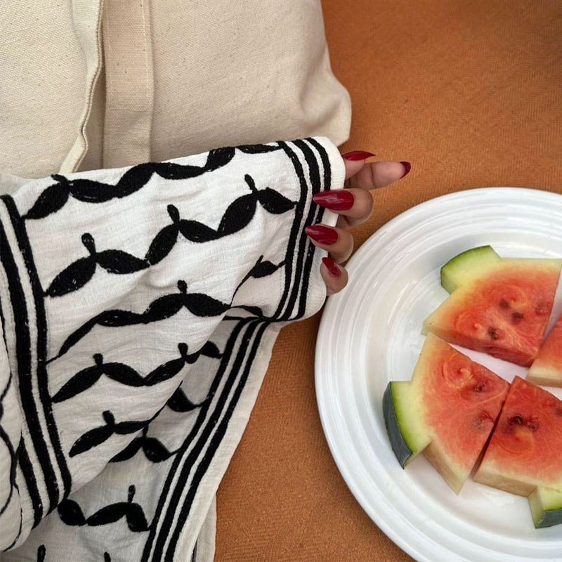 Cotton Linen Embroidered Sleeve Cardigan | Open Front Abaya with Geometric Pattern Sleeves(MOA238) - Mariam's Collection