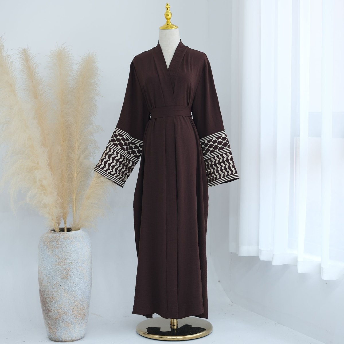 Cotton Linen Embroidered Sleeve Cardigan | Open Front Abaya with Geometric Pattern Sleeves(MOA238) - Mariam's Collection
