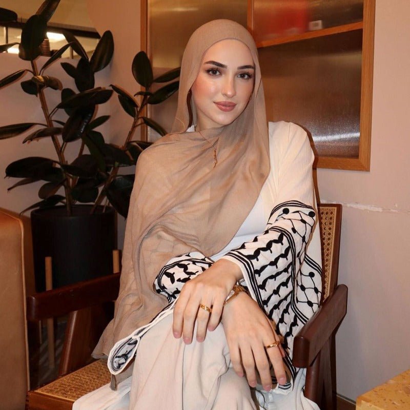 Cotton Linen Embroidered Sleeve Cardigan | Open Front Abaya with Geometric Pattern Sleeves(MOA238) - Mariam's Collection