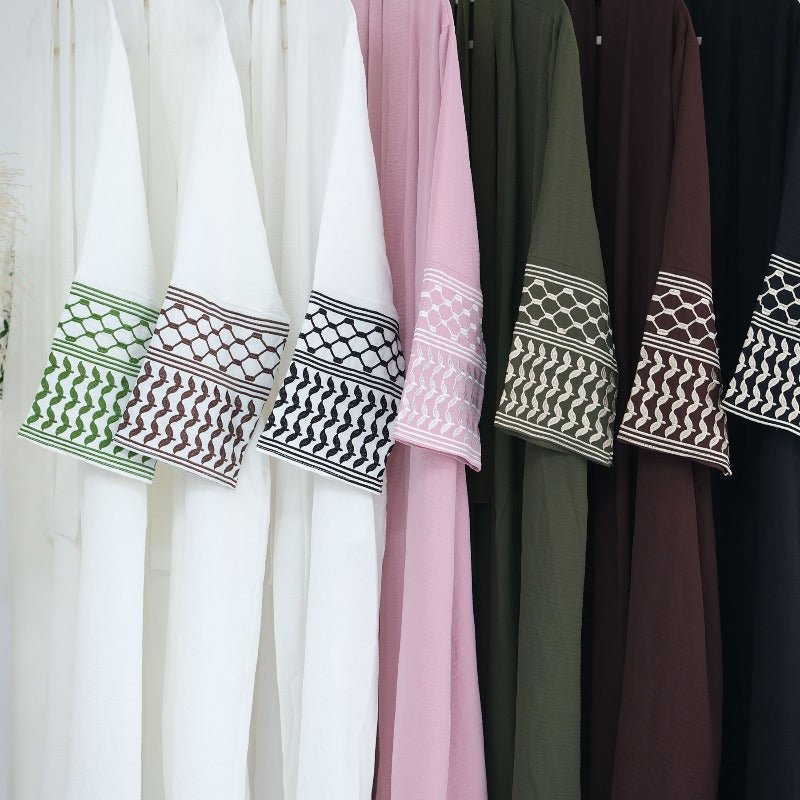 Cotton Linen Embroidered Sleeve Cardigan | Open Front Abaya with Geometric Pattern Sleeves(MOA238) - Mariam's Collection