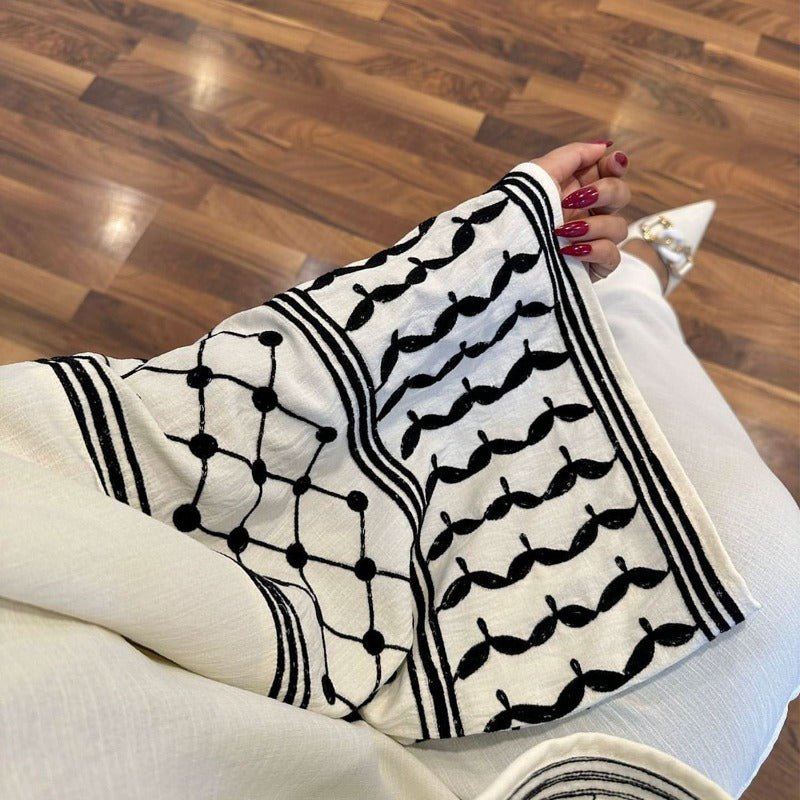 Cotton Linen Embroidered Sleeve Cardigan | Open Front Abaya with Geometric Pattern Sleeves(MOA238) - Mariam's Collection