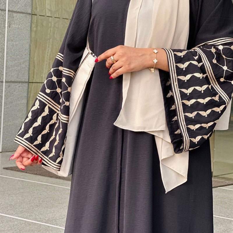 Cotton Linen Embroidered Sleeve Cardigan | Open Front Abaya with Geometric Pattern Sleeves(MOA238) - Mariam's Collection