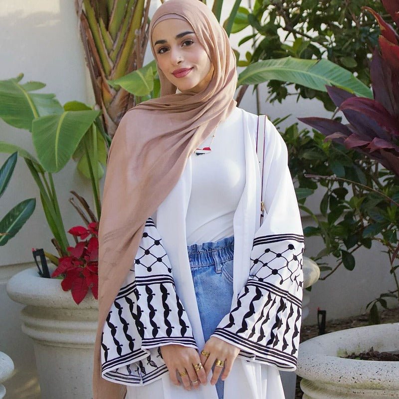 Cotton Linen Embroidered Sleeve Cardigan | Open Front Abaya with Geometric Pattern Sleeves(MOA238) - Mariam's Collection