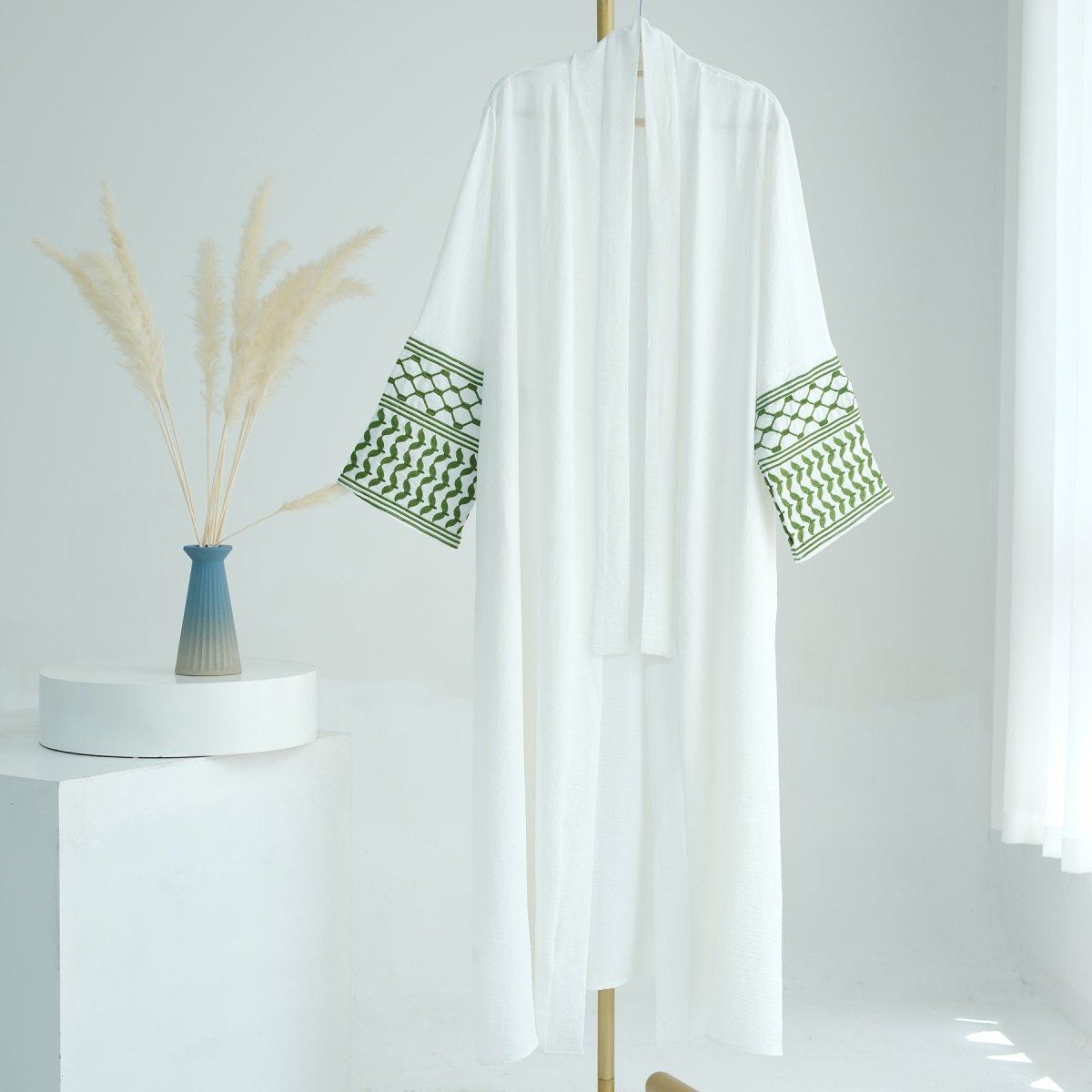 Cotton Linen Embroidered Sleeve Cardigan | Open Front Abaya with Geometric Pattern Sleeves(MOA238) - Mariam's Collection