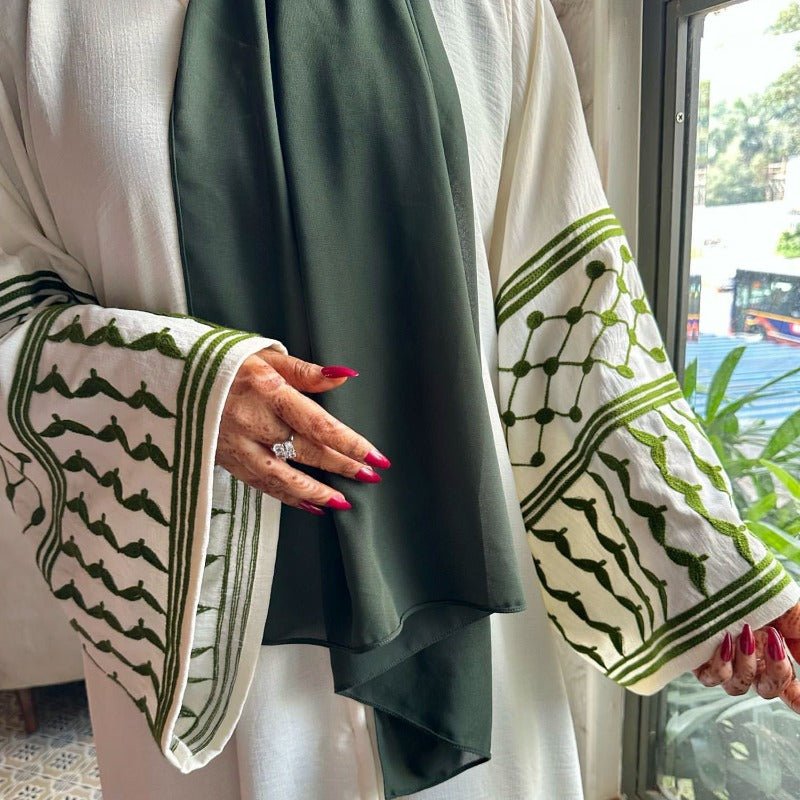 Cotton Linen Embroidered Sleeve Cardigan | Open Front Abaya with Geometric Pattern Sleeves(MOA238) - Mariam's Collection