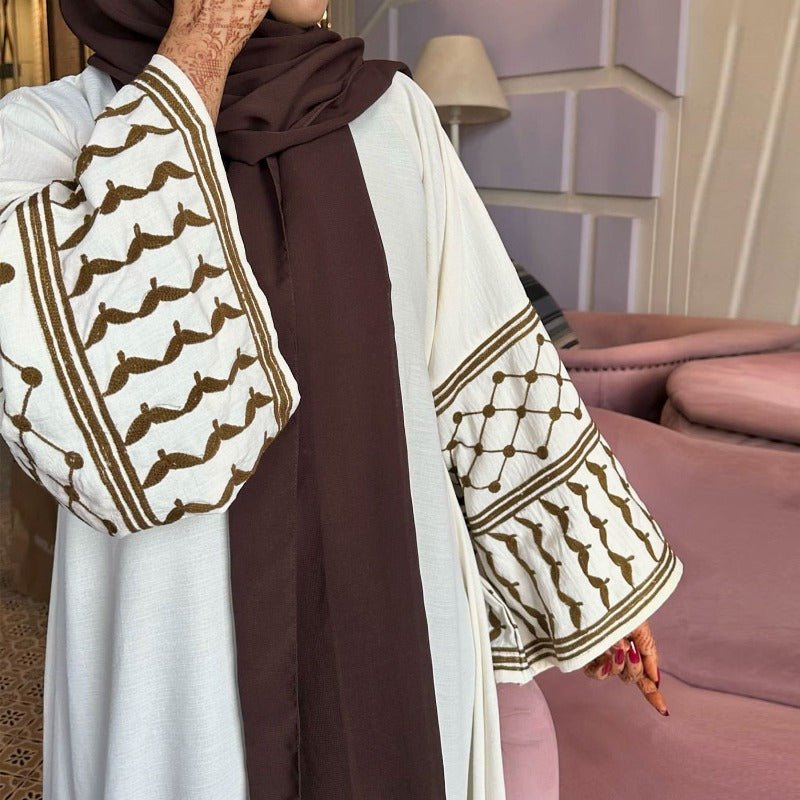 Cotton Linen Embroidered Sleeve Cardigan | Open Front Abaya with Geometric Pattern Sleeves(MOA238) - Mariam's Collection