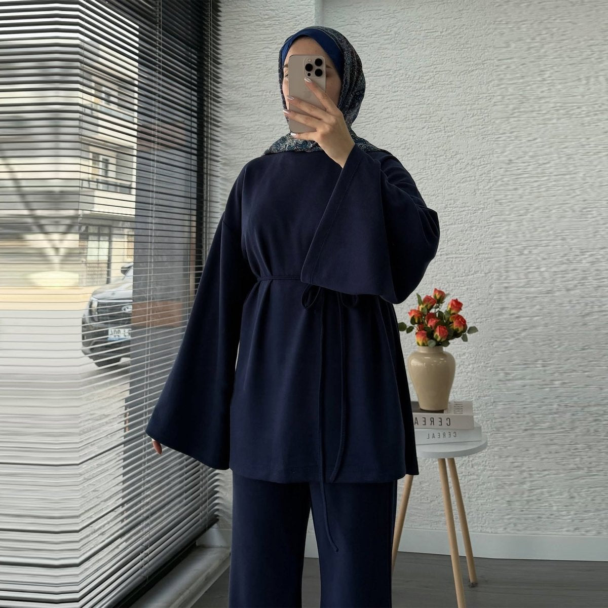 Cotton Two - Piece Set | Belted Tunic Top & Pants(MS279) - Mariam's Collection