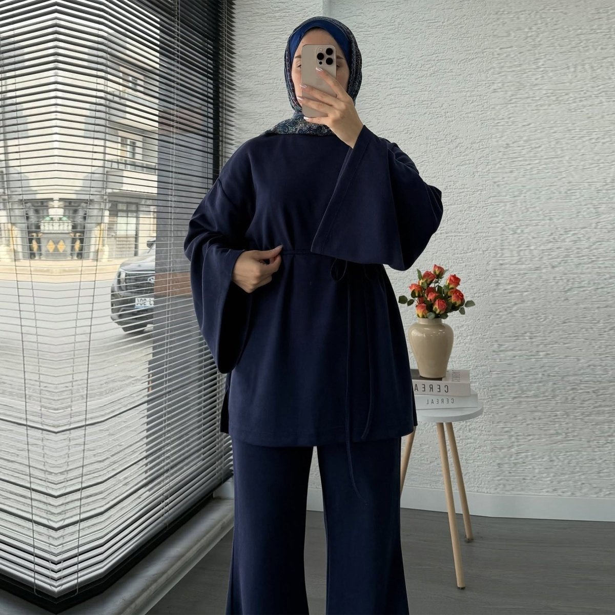 Cotton Two - Piece Set | Belted Tunic Top & Pants(MS279) - Mariam's Collection