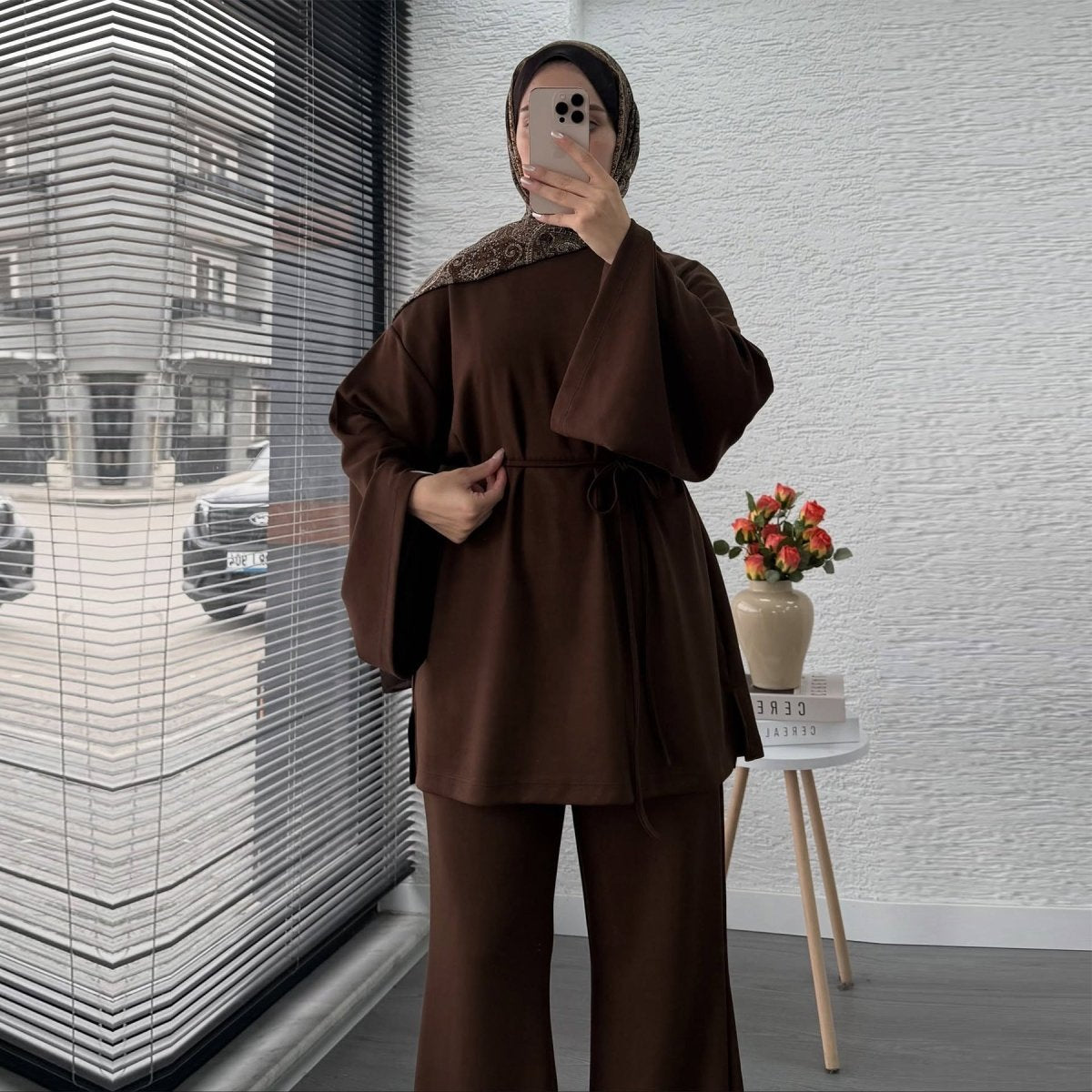 Cotton Two - Piece Set | Belted Tunic Top & Pants(MS279) - Mariam's Collection