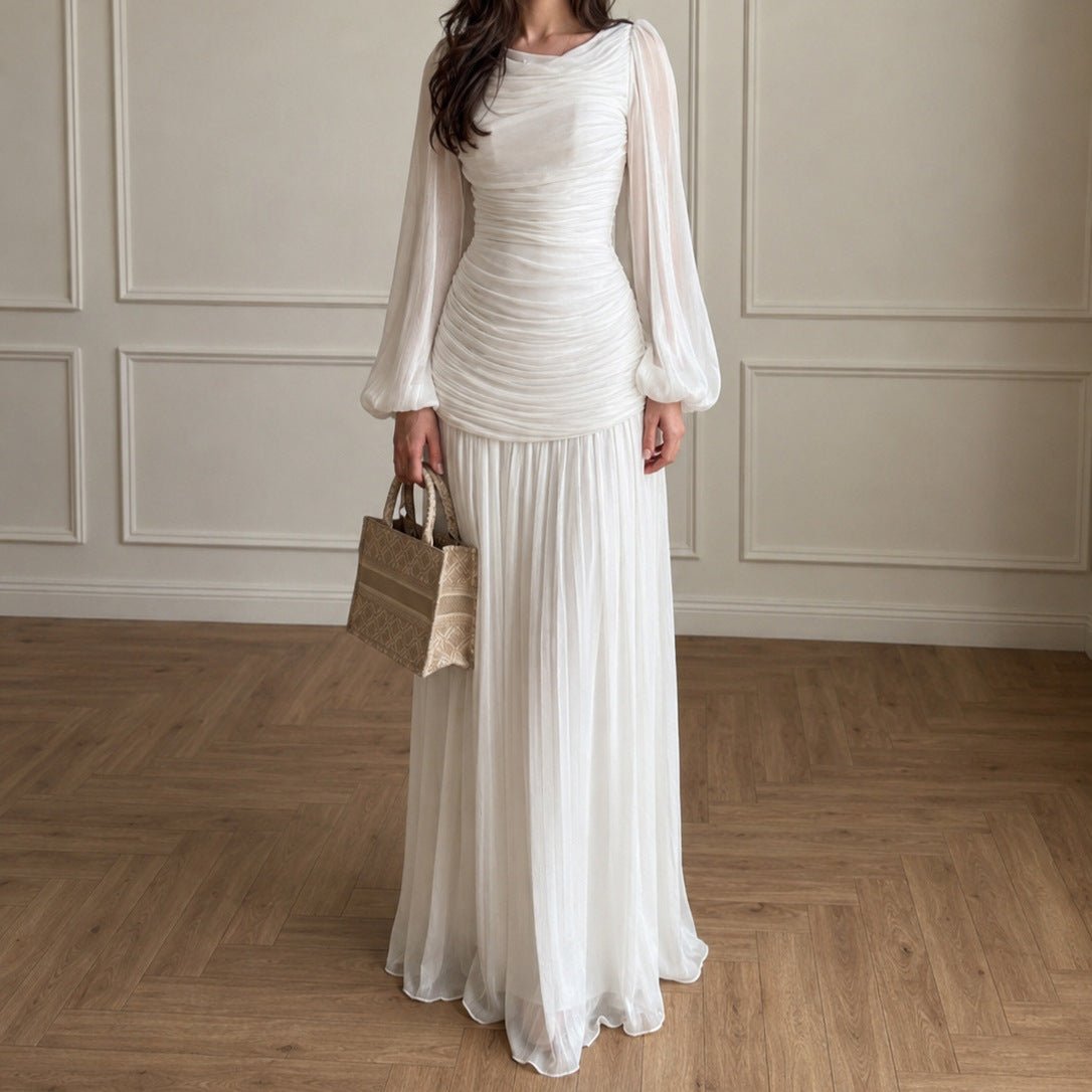 Cowl Neck Lantern Sleeve Pleated Maxi Dress – Ruched Bodice