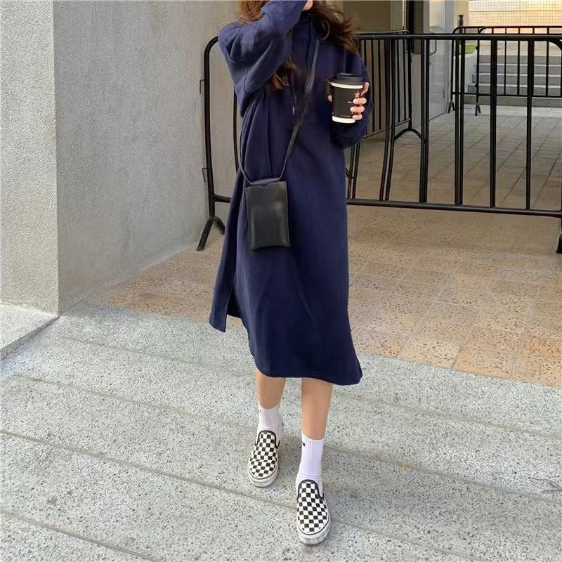 Cozy Hooded Pullover Maxi Dress | Mid - Length Fleece Lined Dress with Side Slits(MS137) - Mariam's Collection