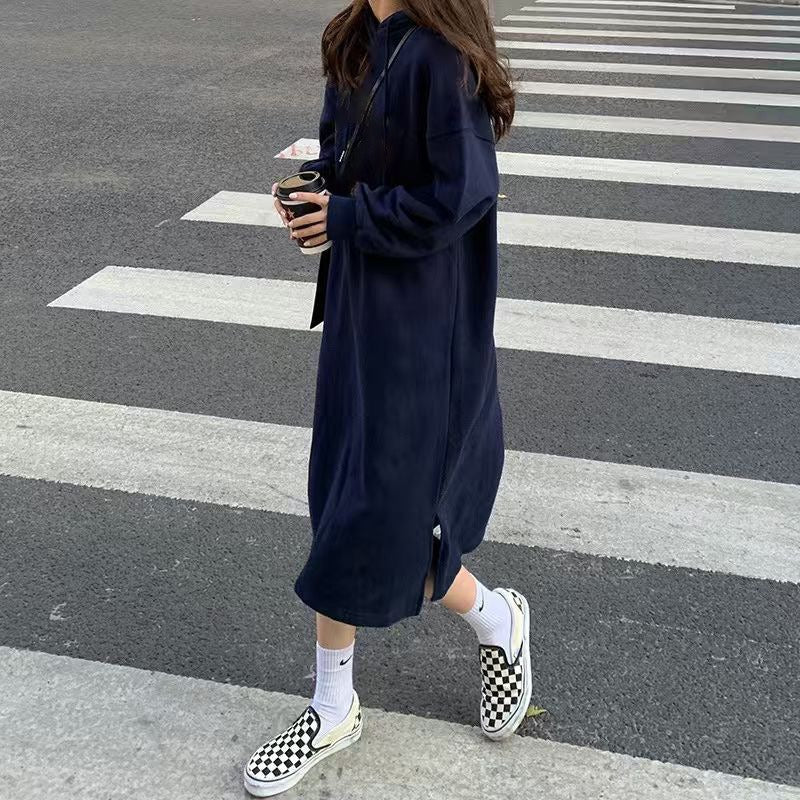 Cozy Hooded Pullover Maxi Dress | Mid - Length Fleece Lined Dress with Side Slits(MS137) - Mariam's Collection